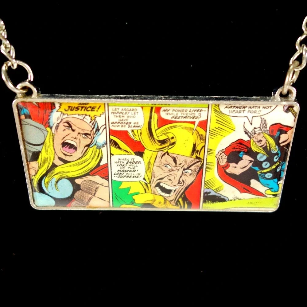 Marvel Comic Strip Necklace Silver Thor Loki Avengers Rectangular Pendant